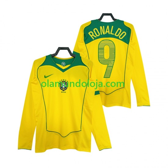 Camisola Brasil RONALDO 9 Retro Homem Equipamento Primeiro 2004 Manga Comprida